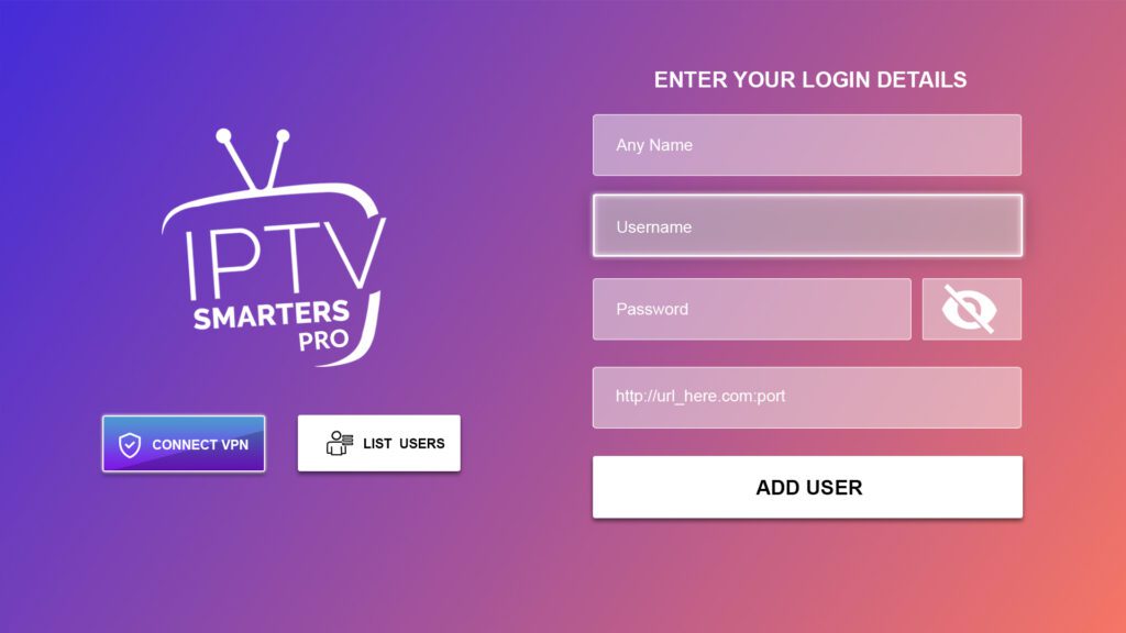 imagem tela de login do aplicativo IPTV Smarters Pro